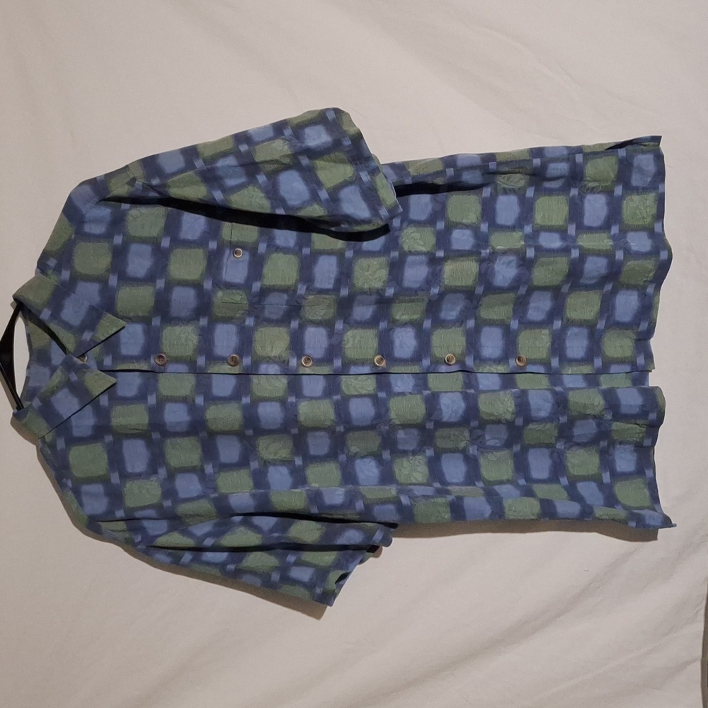 MEN'S VINTAGE ENRO SOIE SILK SHORT SLEEVE SHIRT (BLUE/GREEN) ~ SZ L